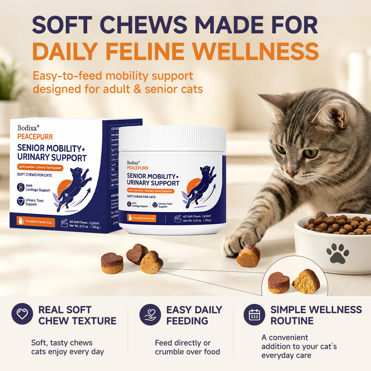 PeacePurr Mobility + Urinary Support bottle and soft chews
